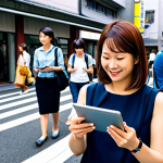 Modern Travel Guide**

A friendly, professional female travel guide, fully clothed in smart-casual attire, using a tablet to show an AR view of a historical building to a diverse group of tourists. Background: A bustling city street in Tokyo, Japan. Safe for work, appropriate content, professional, perfect anatomy, correct proportions, well-formed hands, modern style, vibrant colors, family-friendly.

**