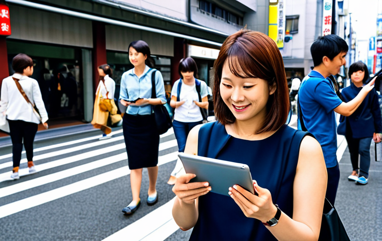 Modern Travel Guide**

A friendly, professional female travel guide, fully clothed in smart-casual attire, using a tablet to show an AR view of a historical building to a diverse group of tourists. Background: A bustling city street in Tokyo, Japan. Safe for work, appropriate content, professional, perfect anatomy, correct proportions, well-formed hands, modern style, vibrant colors, family-friendly.

**