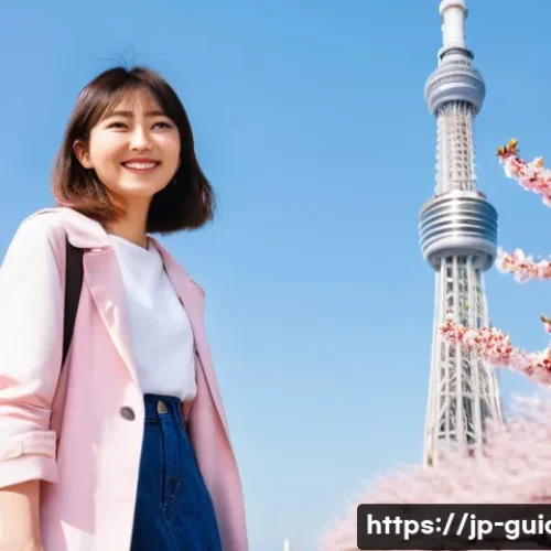 여행안내사로서 자주 묻는 질문과 답변 - **Prompt:** A young Japanese woman in her early 20s is standing in front of the Tokyo Skytree on a b...