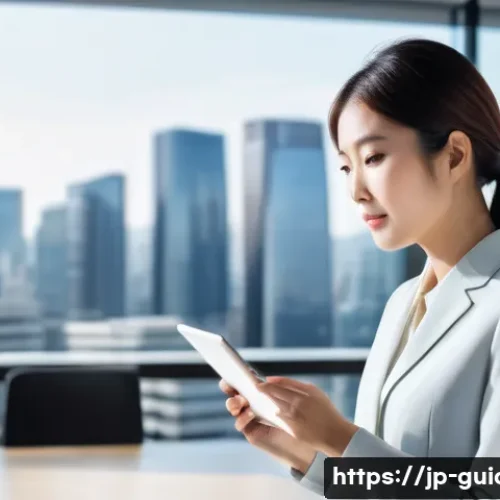 여행안내사 경력직 연봉 협상 사례 - A professional Japanese travel industry employee confidently negotiating salary in a modern office s...