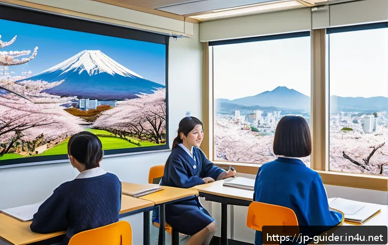 여행안내사 필수 중점 과목 - A detailed classroom scene in modern Japan where diverse adult students are attentively studying tou...