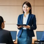여행안내사 자격증 취득 후 해야 할 일 - A professional Japanese travel guide woman in her 30s, dressed neatly in a smart casual outfit with ...