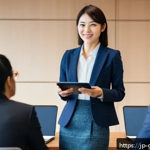 여행안내사 자격증 취득 후 해야 할 일 - A professional Japanese travel guide woman in her 30s, dressed neatly in a smart casual outfit with ...