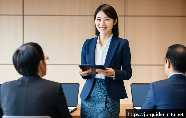 여행안내사 자격증 취득 후 해야 할 일 - A professional Japanese travel guide woman in her 30s, dressed neatly in a smart casual outfit with ...