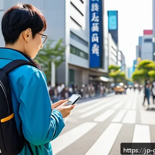 여행안내사 업무 중 안전사고 대처법 - A composed scene of a Japanese traveler in a modern urban environment using a smartphone to access e...