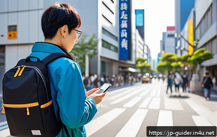 여행안내사 업무 중 안전사고 대처법 - A composed scene of a Japanese traveler in a modern urban environment using a smartphone to access e...