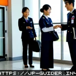여행안내사와 가이드의 차이점 - Photorealistic candid scene inside a modern Japanese airport terminal, a professional travel coordin...