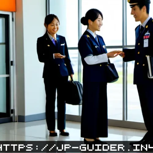 여행안내사와 가이드의 차이점 - Photorealistic candid scene inside a modern Japanese airport terminal, a professional travel coordin...