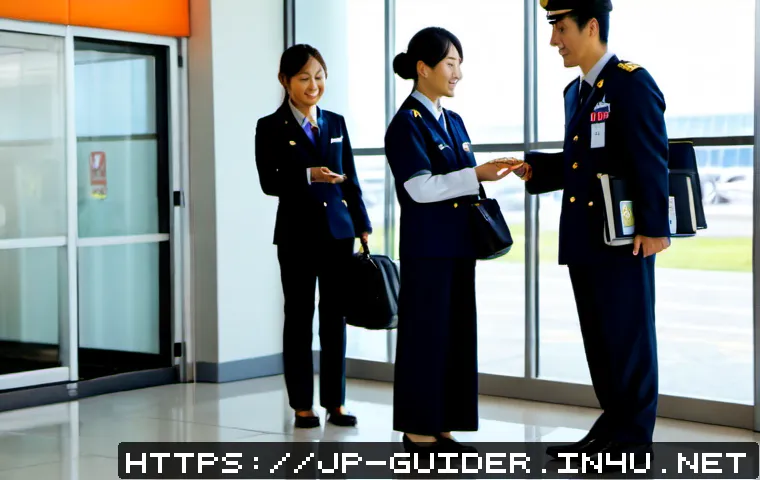 여행안내사와 가이드의 차이점 - Photorealistic candid scene inside a modern Japanese airport terminal, a professional travel coordin...