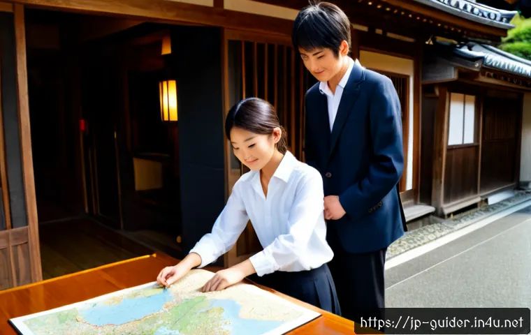 여행안내사 커리어 패스와 성장 단계 - Photorealistic career growth scene of a Japanese travel guide at three life stages arranged naturall...